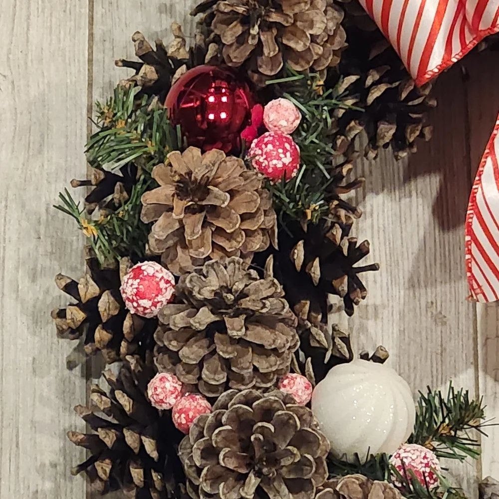 Peppermint Red & White Festive Pinecone Wreath